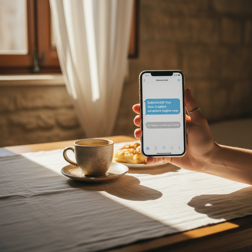Mario, a vacation rental host in Dalmatia, typing a message to a guest on his phone with a view of the sea and apartments.