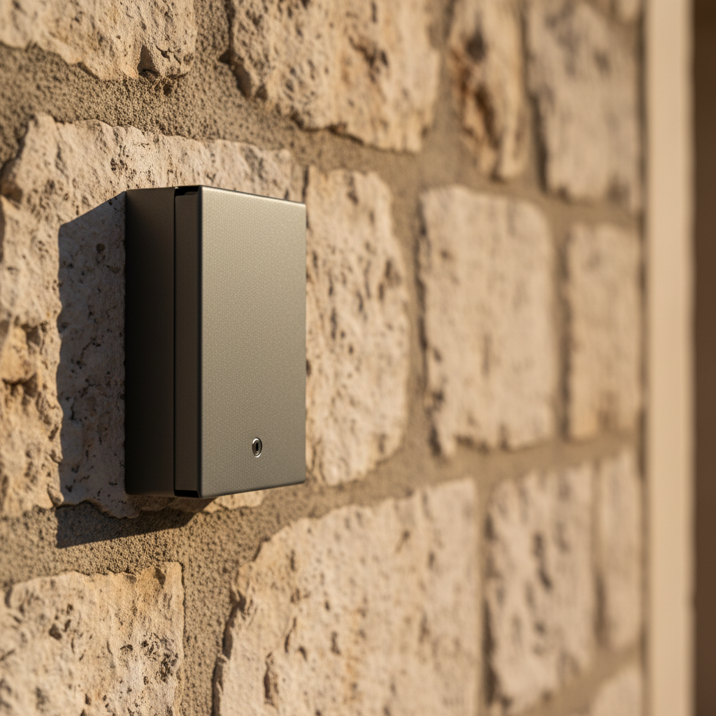 A key lockbox mounted on a stone wall, representing a simple solution for guest self-check-in.