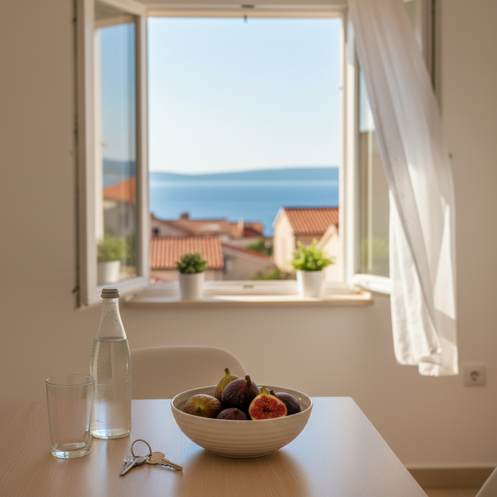 A welcome detail in an apartment: keys and fresh fruit, symbolizing a peaceful start to the guest's vacation.