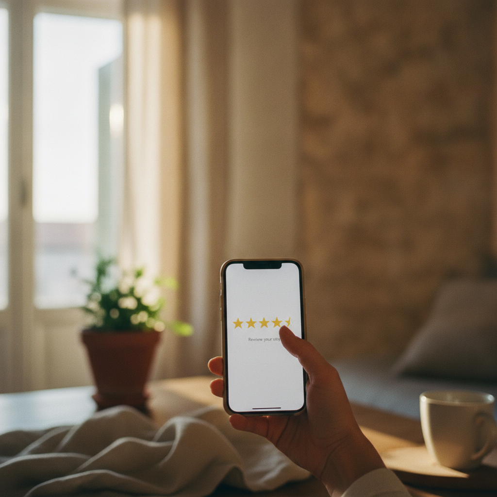 A guest writing a positive 5-star review on a smartphone, with a focus on details in the apartment.
