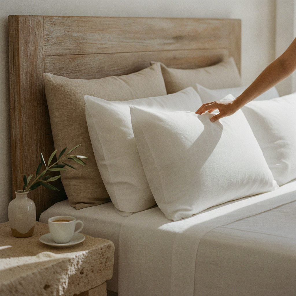 Neatly stacked pillows of different textures on a bed in a minimalist, sun-drenched bedroom.