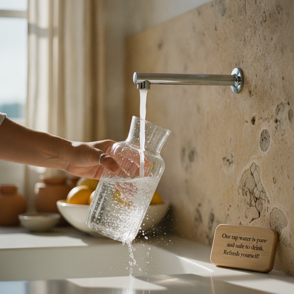 A glass bottle being filled with clean water from a tap, with a small note next to it confirming the water is safe to drink.