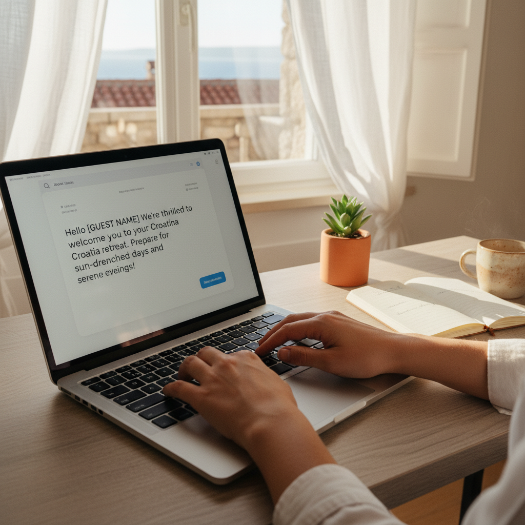 A smartphone displaying the interface of an AI app for vacation rental hosts, with a modern Croatian apartment in the background.