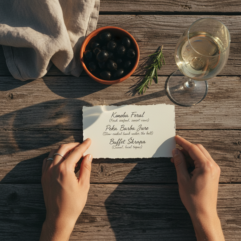 Local restaurant recommendations written on a card, placed on a wooden table with olives and rosemary, symbolizing personalized service.