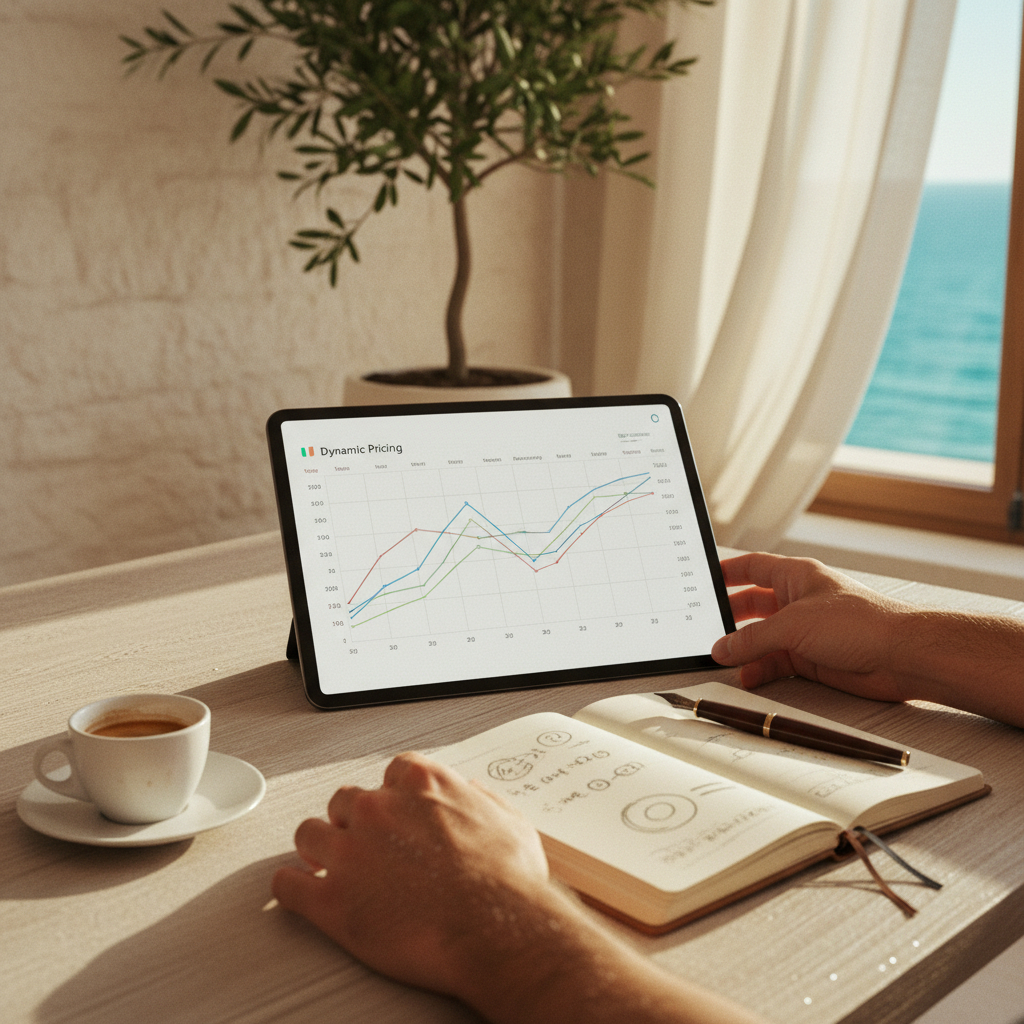 A tablet displaying a dynamic pricing chart for apartments, symbolizing AI analysis and revenue optimization.