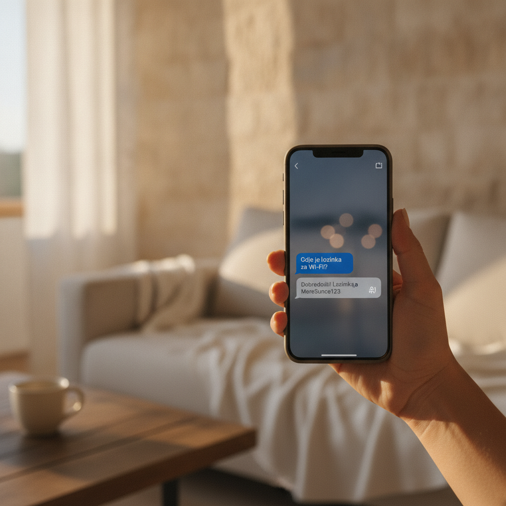 Digital rendering of an AI Co-Host tool interface on a smartphone, showing guest messages and automated replies.
