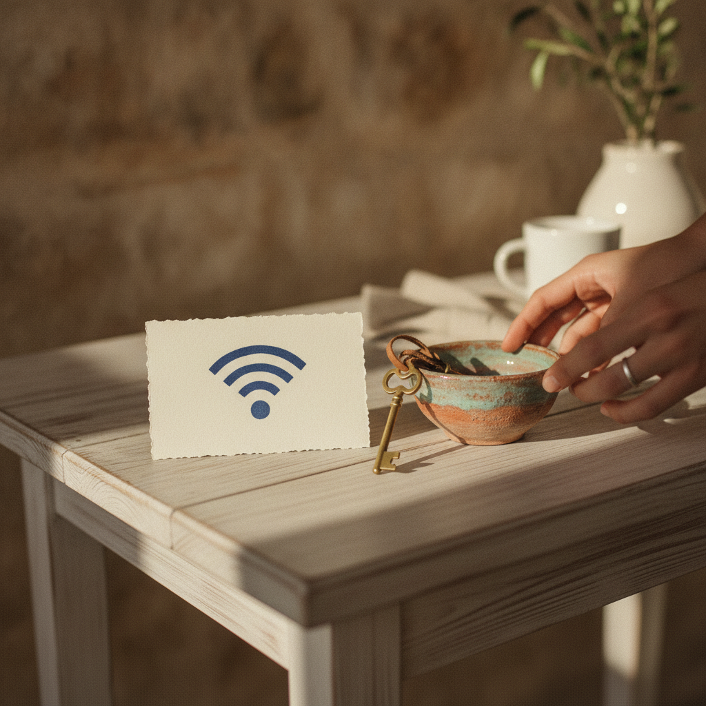 An elegant card with the Wi-Fi password and apartment keys on a wooden table.