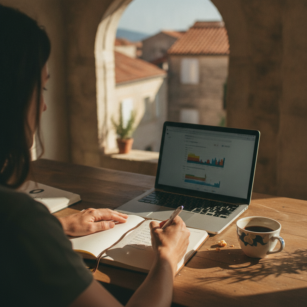 A property owner at a desk analyzing software options on a laptop and in a notebook.