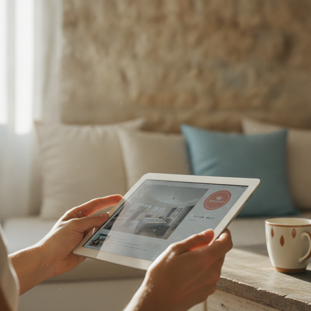 A gold Airbnb Superhost badge displayed on a smartphone screen in front of a blurred apartment background.