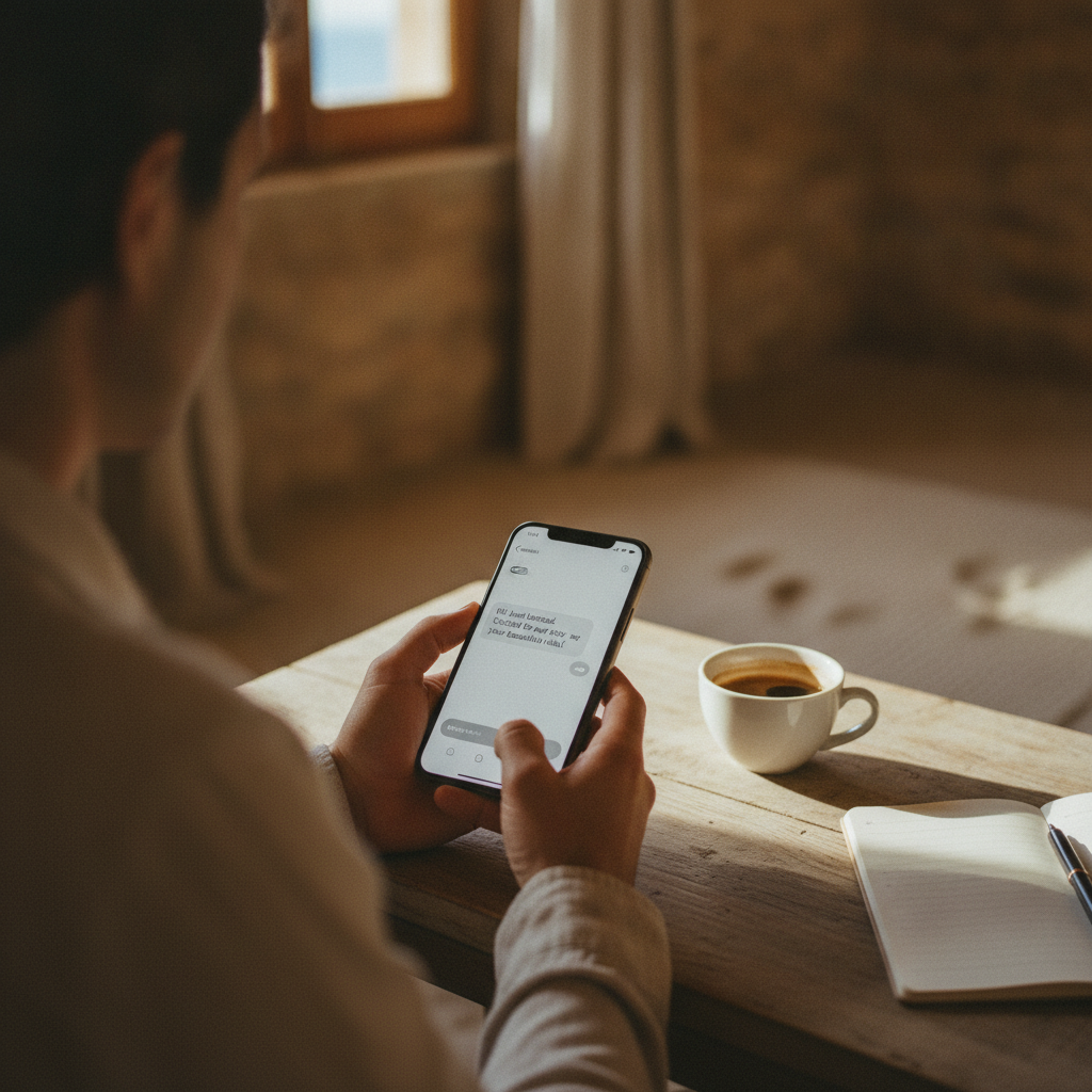 A person holding a smartphone and quickly replying to a guest message within a rental app.