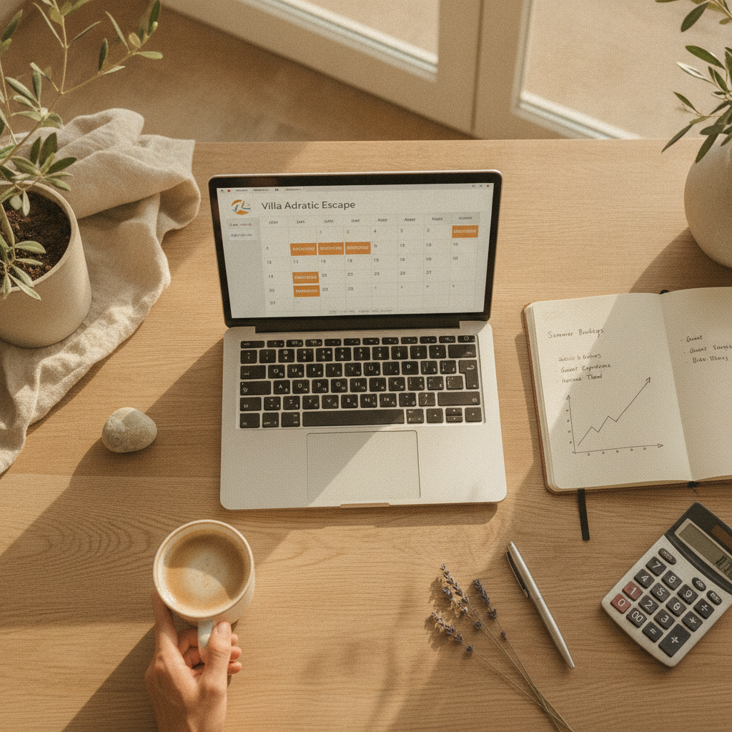 A laptop on a desk displays a booking calendar with high occupancy, symbolizing business success.