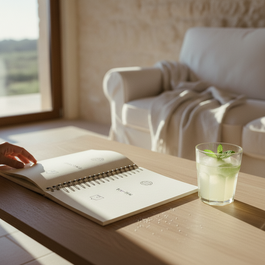 A page from an Airbnb Welcome Book placed on a coffee table in a modern apartment.