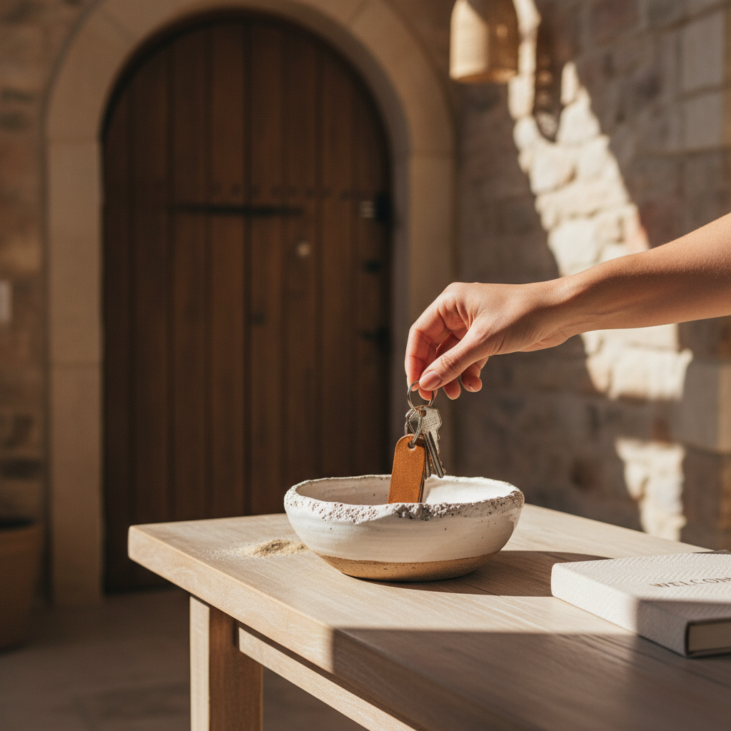 A hand placing apartment keys into a ceramic bowl on an entryway table, next to a closed welcome book.