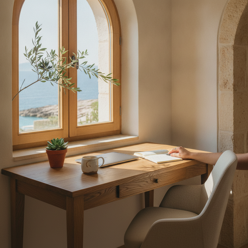 A dedicated workspace in an apartment featuring a wooden desk, a comfortable chair, and a laptop, situated next to a window.