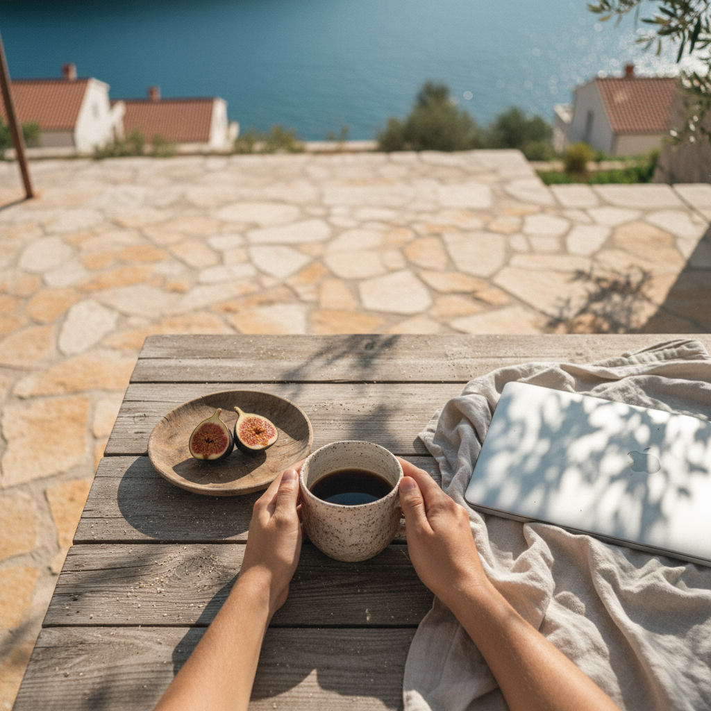 Hands of a vacation rental owner holding a coffee cup at a table next to a closed laptop, symbolizing free time gained through automation.