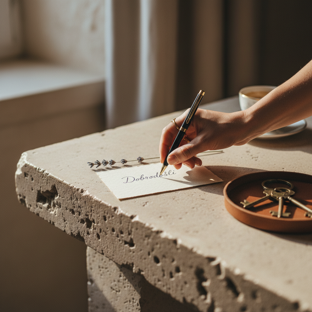 A welcoming detail: a hand placing a handwritten note next to keys and a sprig of lavender on a table at the apartment entrance.