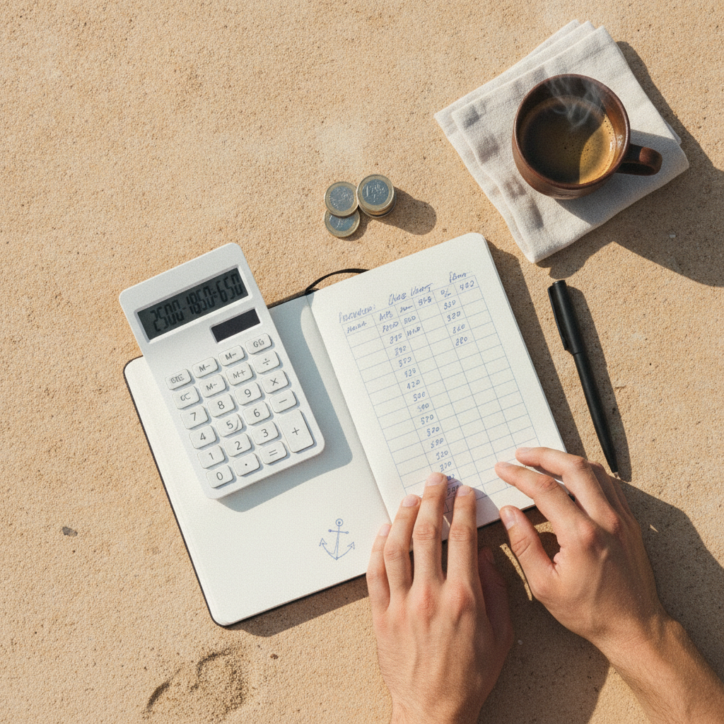 Top-down photo showing a calculator, euro coins, a notebook, and a coffee cup on a stone surface, symbolizing financial planning for vacation rental hosts.