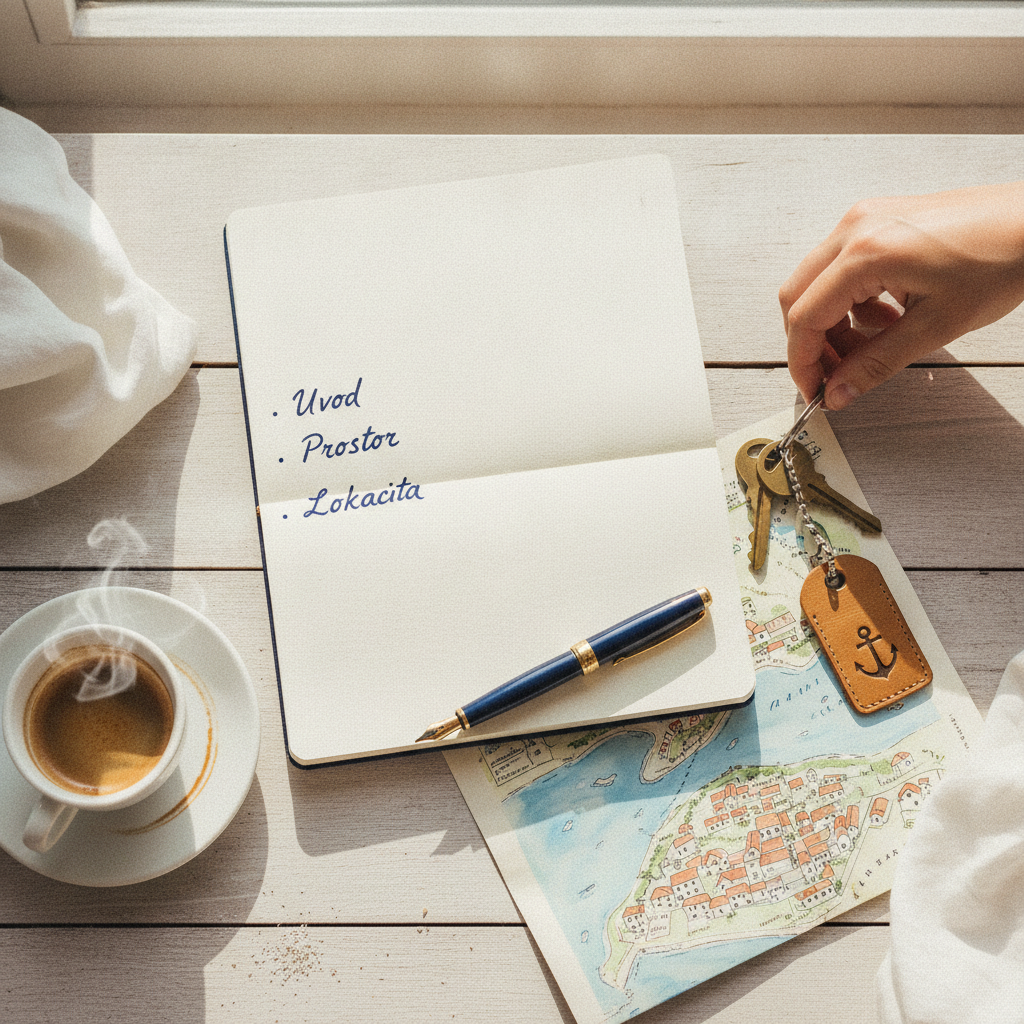 A flat lay photo of an open notebook with handwritten notes for a property description, next to keys, a city map, and a cup of coffee.