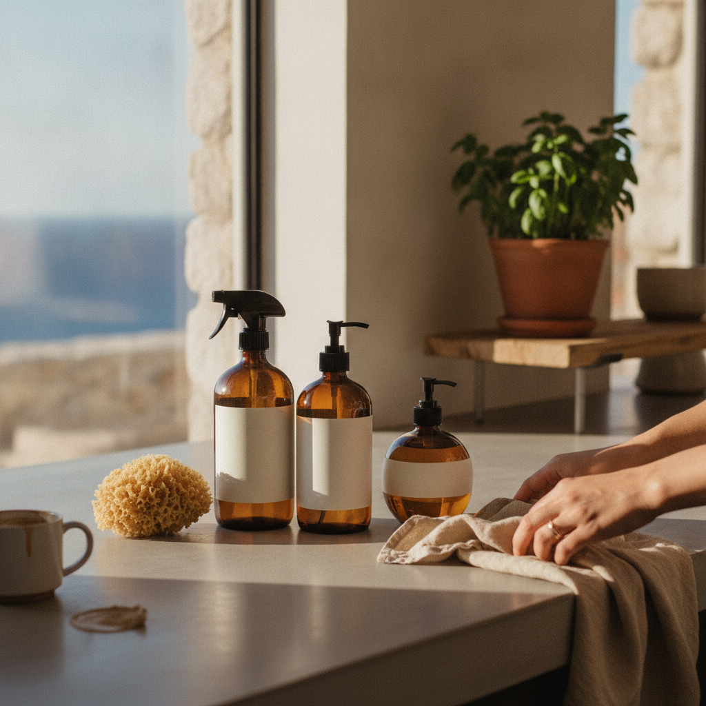 Eco-friendly cleaning products in glass bottles on a kitchen countertop.