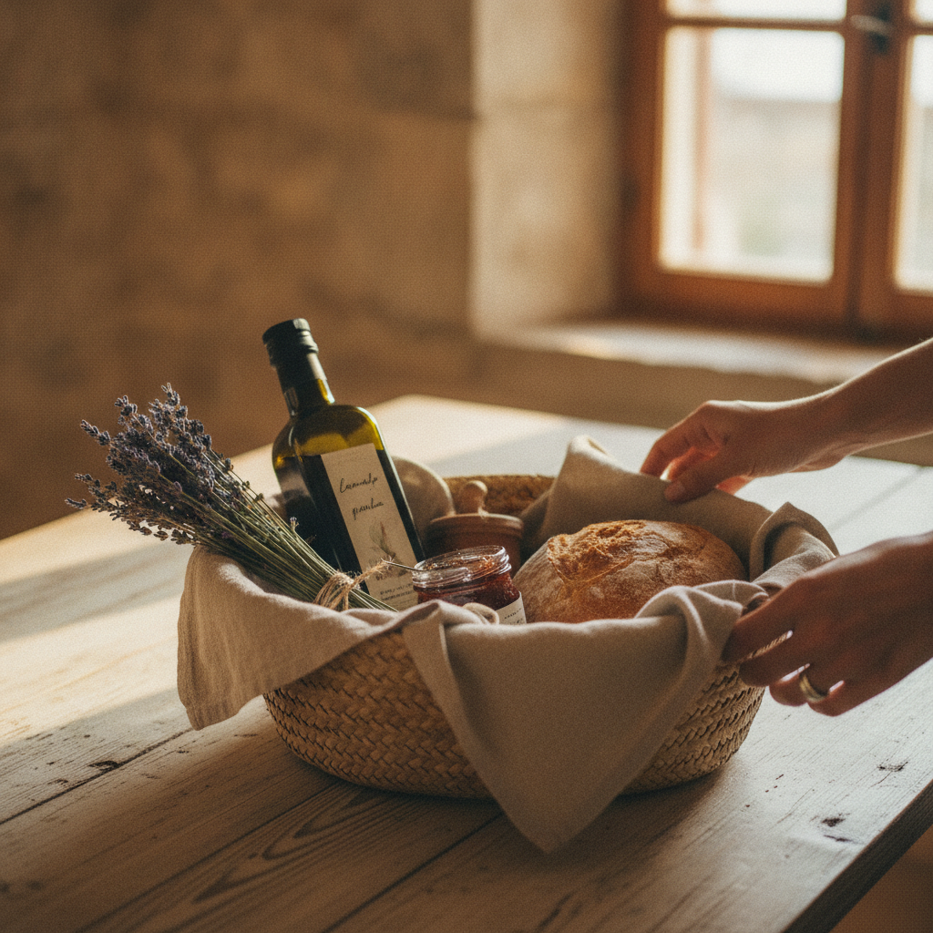 Welcome basket with local products like olive oil and fig jam.