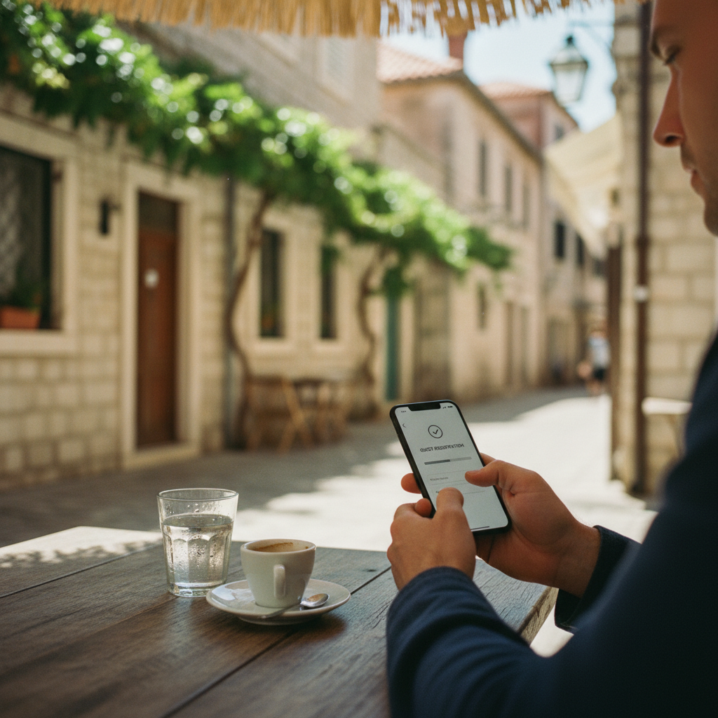 A person using a mobile app to register a guest while sitting in a cafe, demonstrating the flexibility of eVisitor.