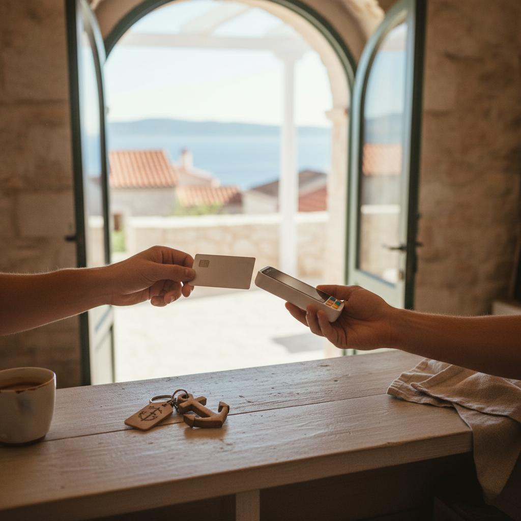 A host hands over apartment keys to a guest at the entrance, illustrating the direct host-guest interaction with no cash register involved.