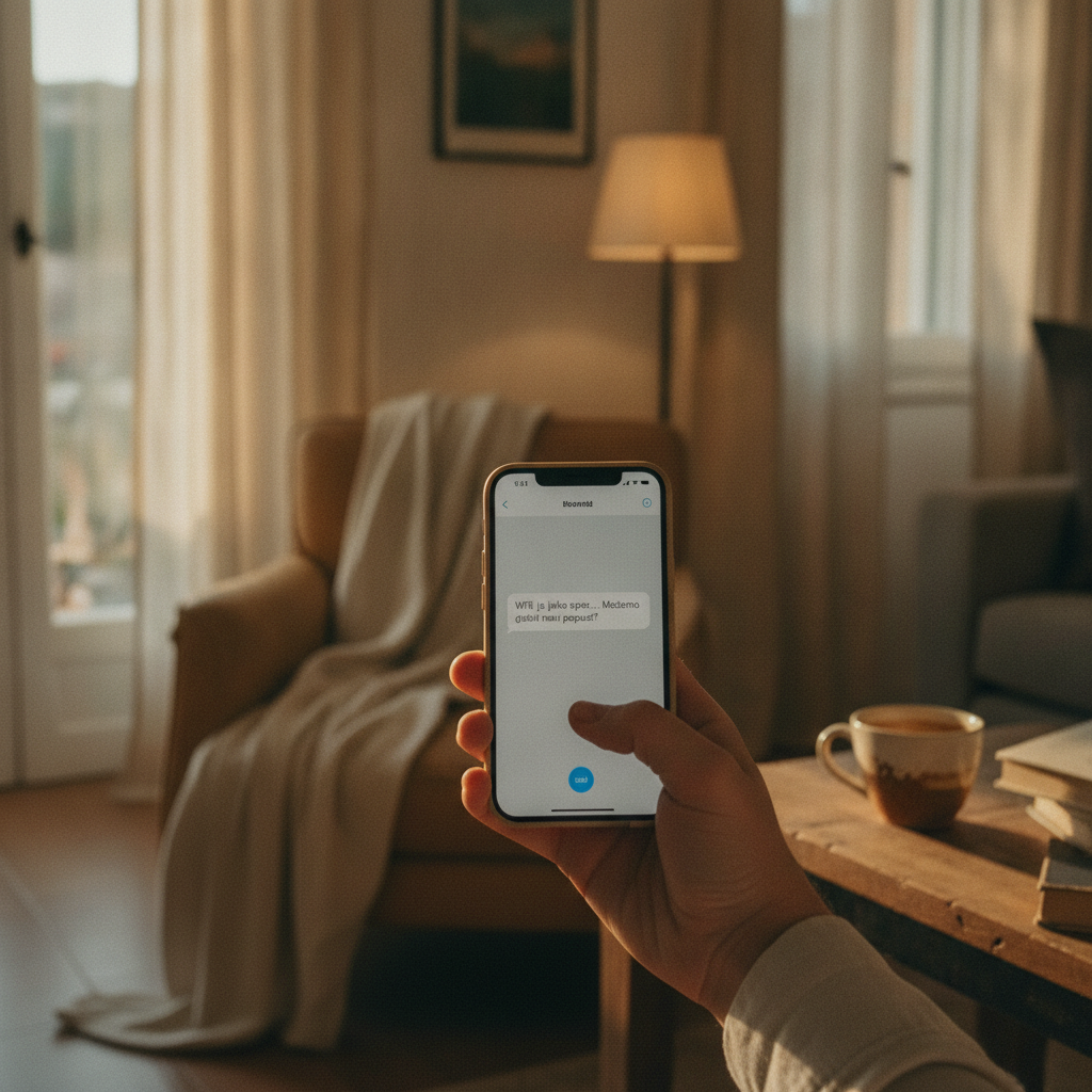 A vacation rental host uses a laptop to professionally respond to a guest's complaint about slow WiFi in their apartment.