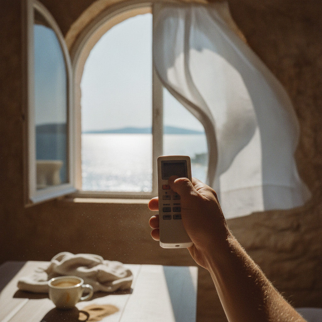 A hand holding an air conditioner remote, with an open window and a fluttering curtain in the background.
