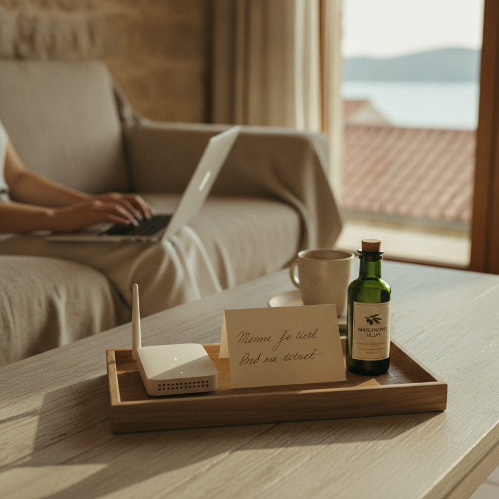 A small table in an apartment with a handwritten note, a new WiFi device, and a small gift for the guest as a token of appreciation.