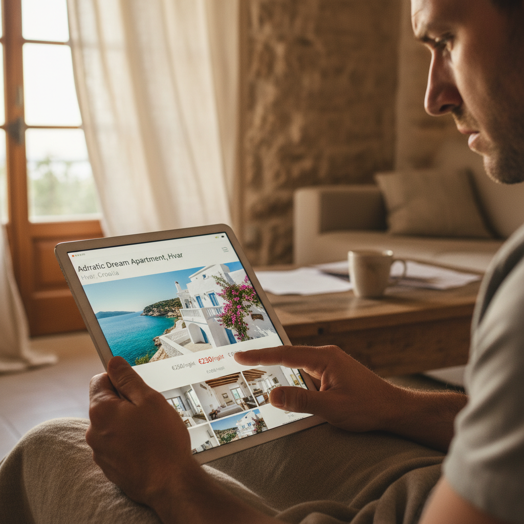 A magnifying glass over a laptop screen showing a vacation rental listing, symbolizing the analysis of listing mistakes.