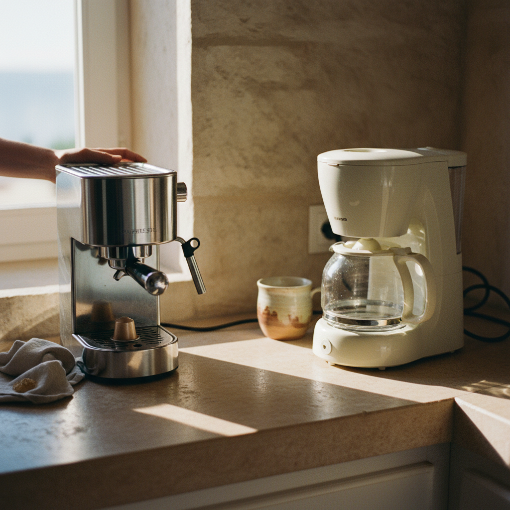 A contrast between a luxury coffee machine promised in the listing and the cheap, basic coffee maker that greeted guests in the apartment kitchen.