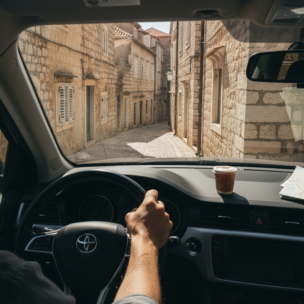 A driver's-seat view of a narrow and steep Mediterranean street, showing a guest's frustration trying to park a large vehicle based on a vague 'parking available' description.