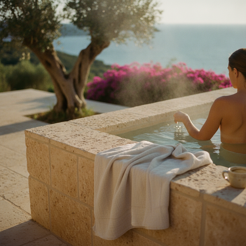 Luxury apartment with a modern hot tub on a wooden terrace overlooking the sea at sunset.