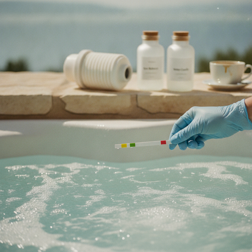 A gloved hand holding a water analysis test strip over a hot tub, with chemicals and a filter in the background.