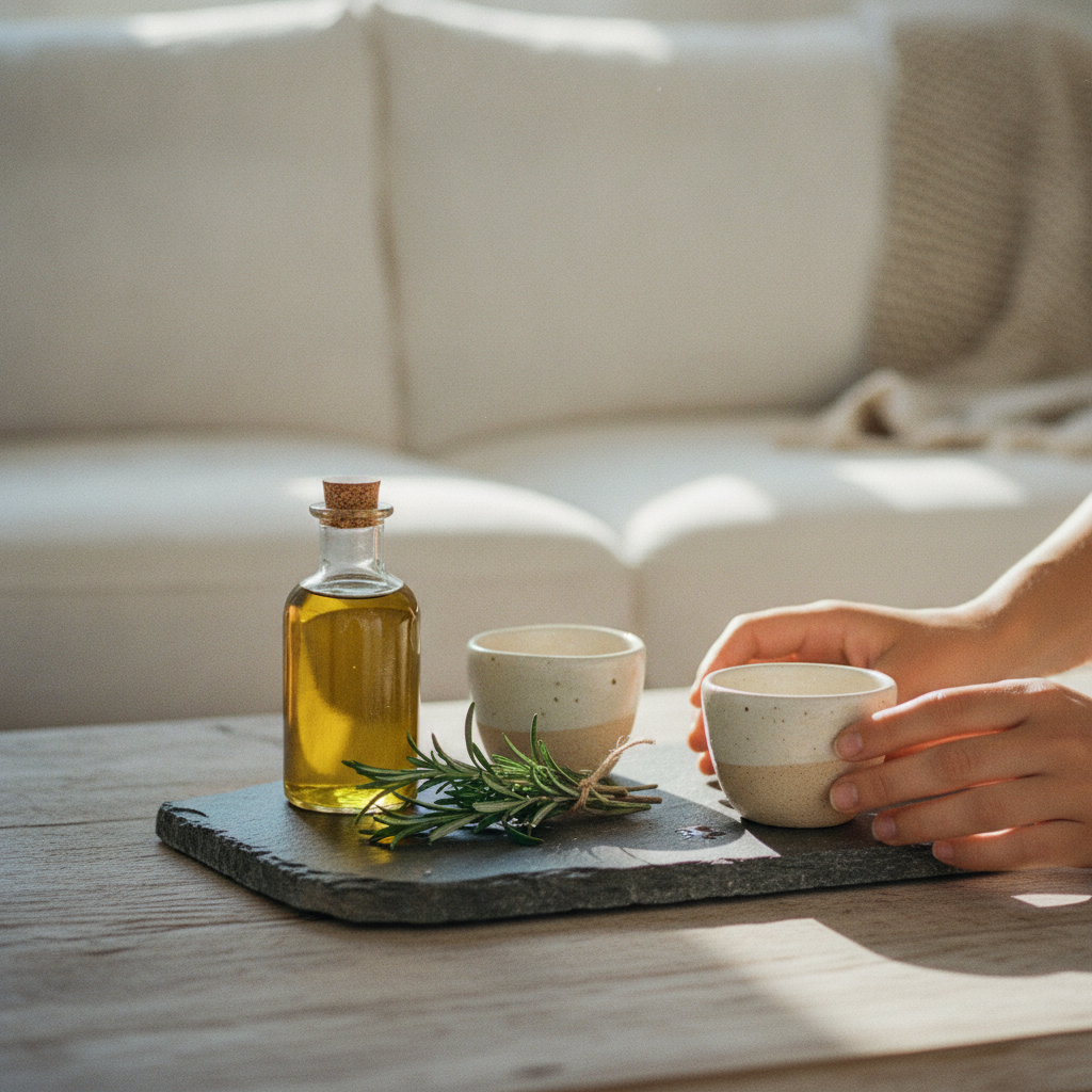 Close-up of a welcome platter with a bottle of olive oil and rosemary in a modern apartment.
