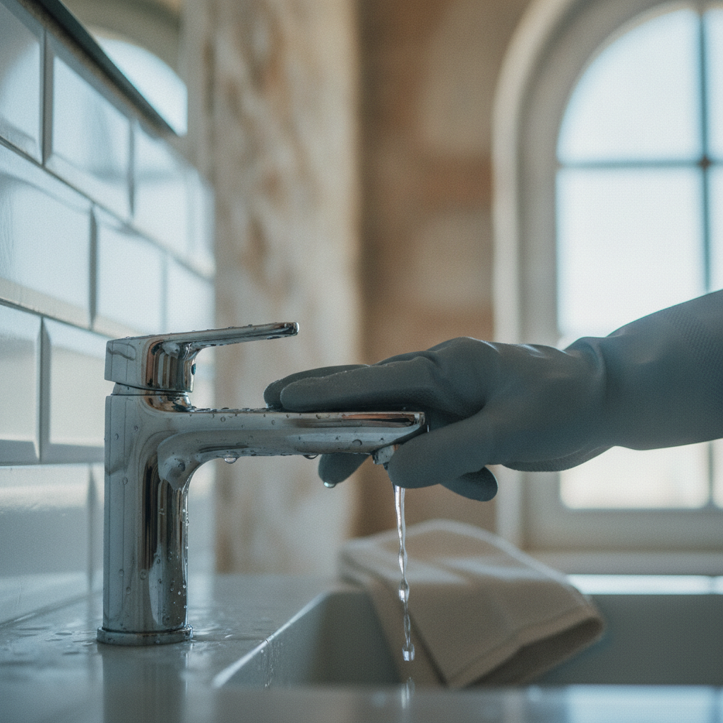 Close-up of a hand professionally cleaning and polishing a modern faucet in a spotlessly clean bathroom.