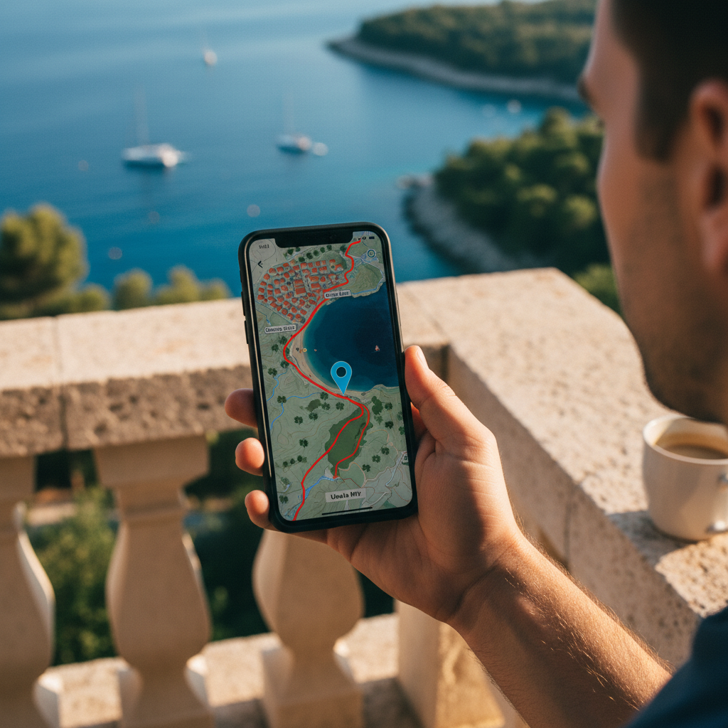 Close-up of a smartphone displaying a navigation app with a route to a hidden beach, illustrating a hyperlocal tip for a guest.