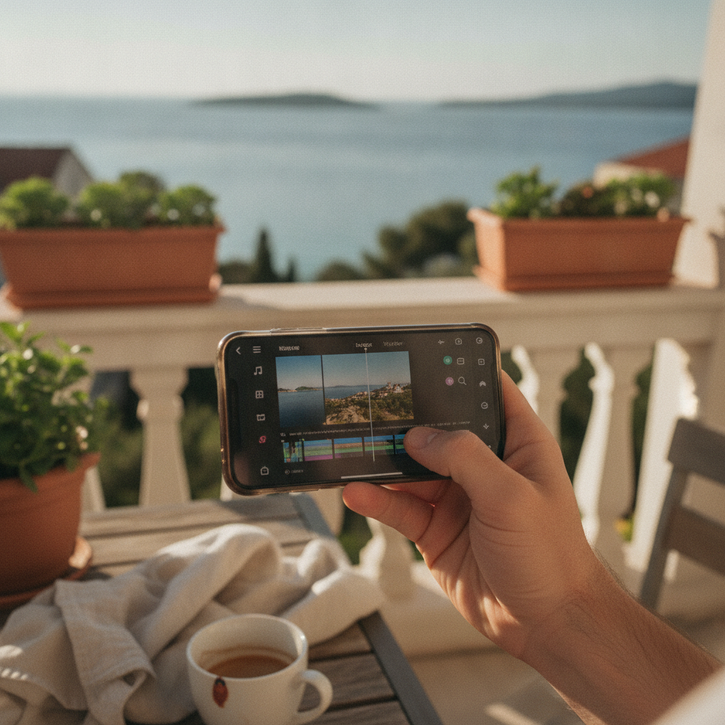 A person filming the interior of a modern apartment with a sea view in Croatia, using a smartphone on a gimbal.