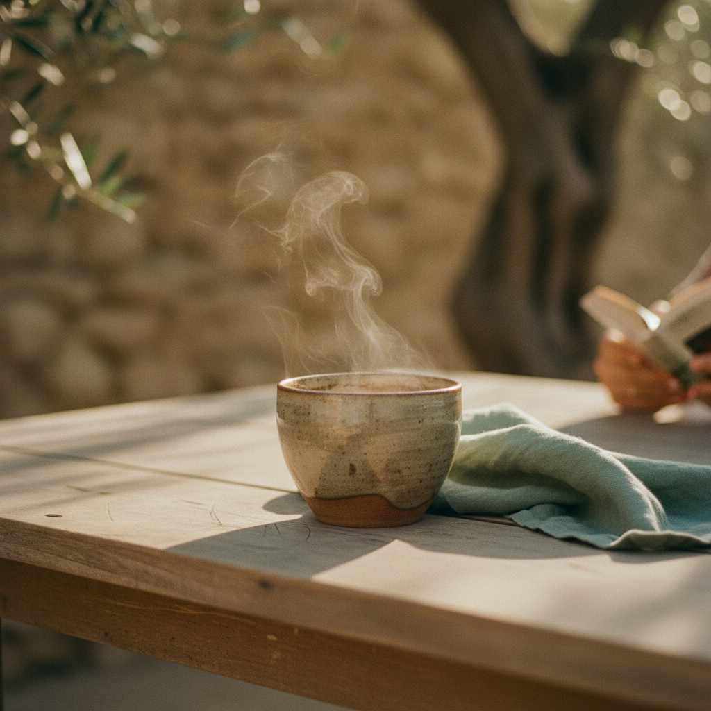 Close-up of a steaming coffee cup on a terrace table, symbolizing a focus on detail in the apartment.