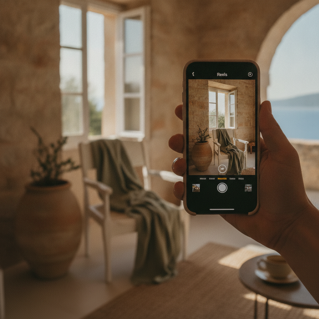 A person filming an Instagram Reel with a smartphone on a vacation rental terrace overlooking the Adriatic Sea in Croatia.