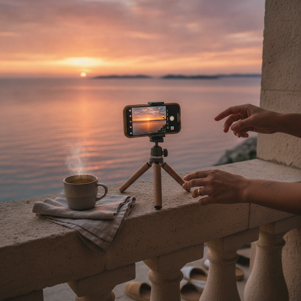 A smartphone on a tripod on a terrace records a timelapse of a sunrise over the sea, illustrating a video creation tip.
