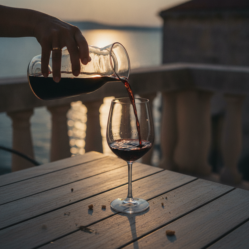 A close-up of red wine being poured into a glass on a terrace table, with a sea view in the background at dusk.