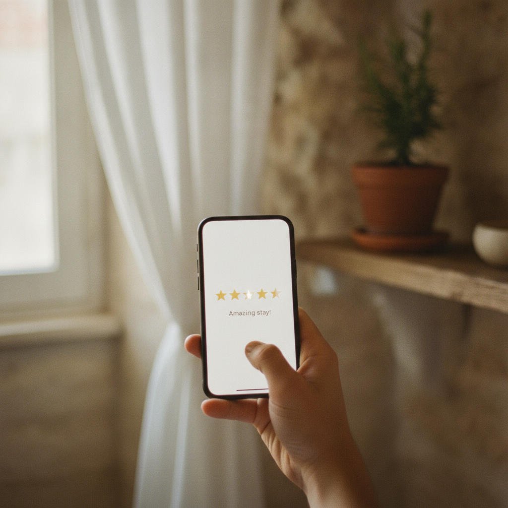 A smartphone displaying a five-star rating on its screen, with a modern apartment in the background.