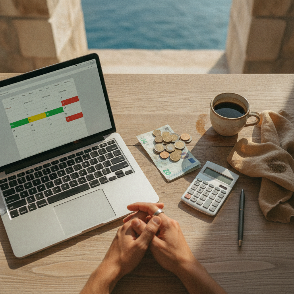 A desk with a laptop showing a booking calendar, next to a calculator and euro coins, illustrating a lower initial pricing strategy.