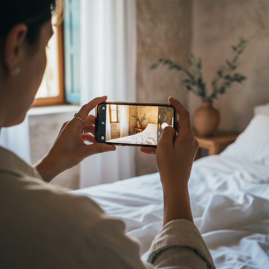 A person taking a photo of a bright, modernly furnished apartment living room with a smartphone.