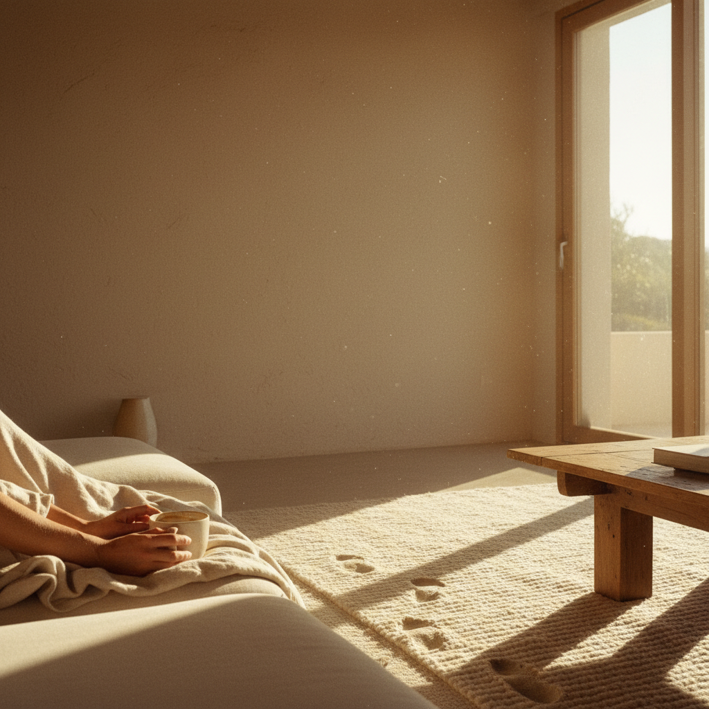 Living room of an apartment bathed in the warm, golden light of sunset, creating long and soft shadows on the floor.