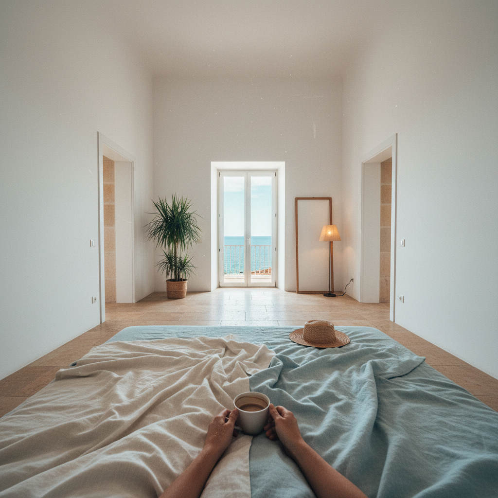 Bedroom photo taken from a low angle, which visually enlarges the room and makes the ceiling appear higher.