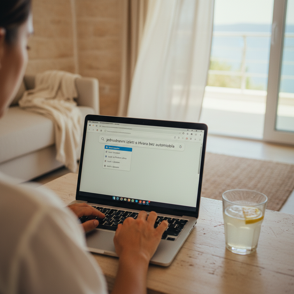 Close-up of a laptop screen where a person is typing a long, specific keyword into the Google search bar.