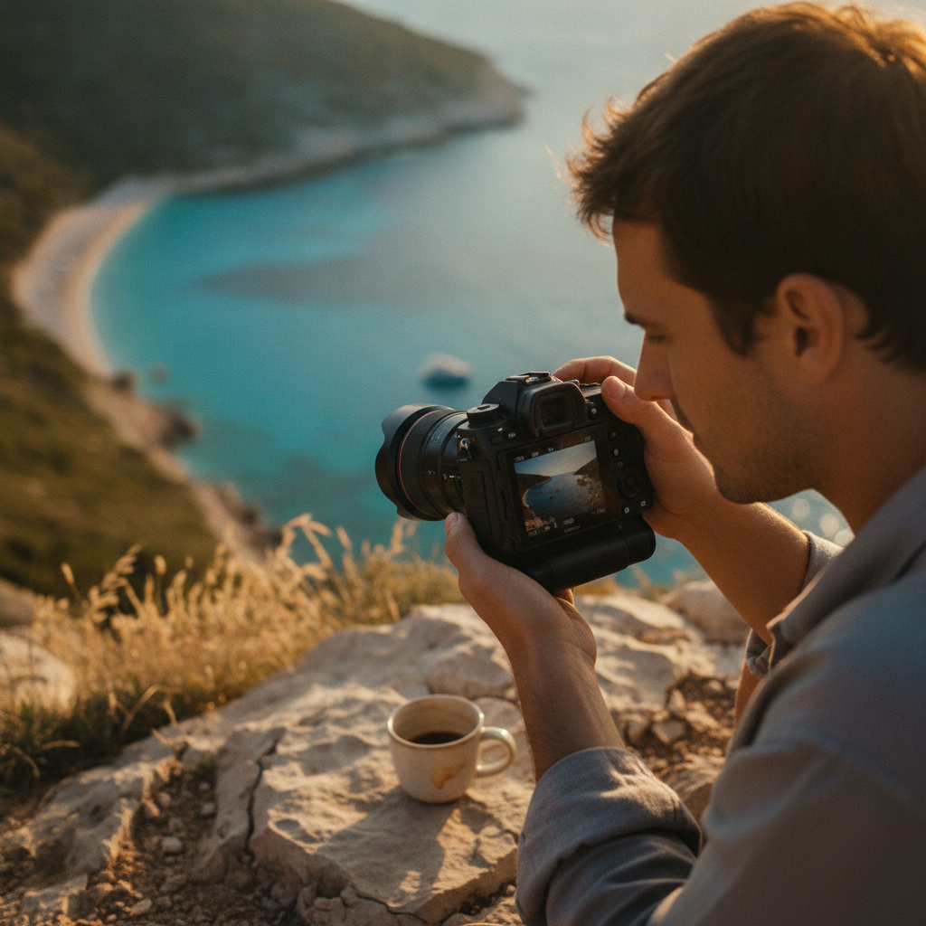 A person holding a professional camera looks at a picture of a hidden beach on the screen, emphasizing the importance of authentic photos.