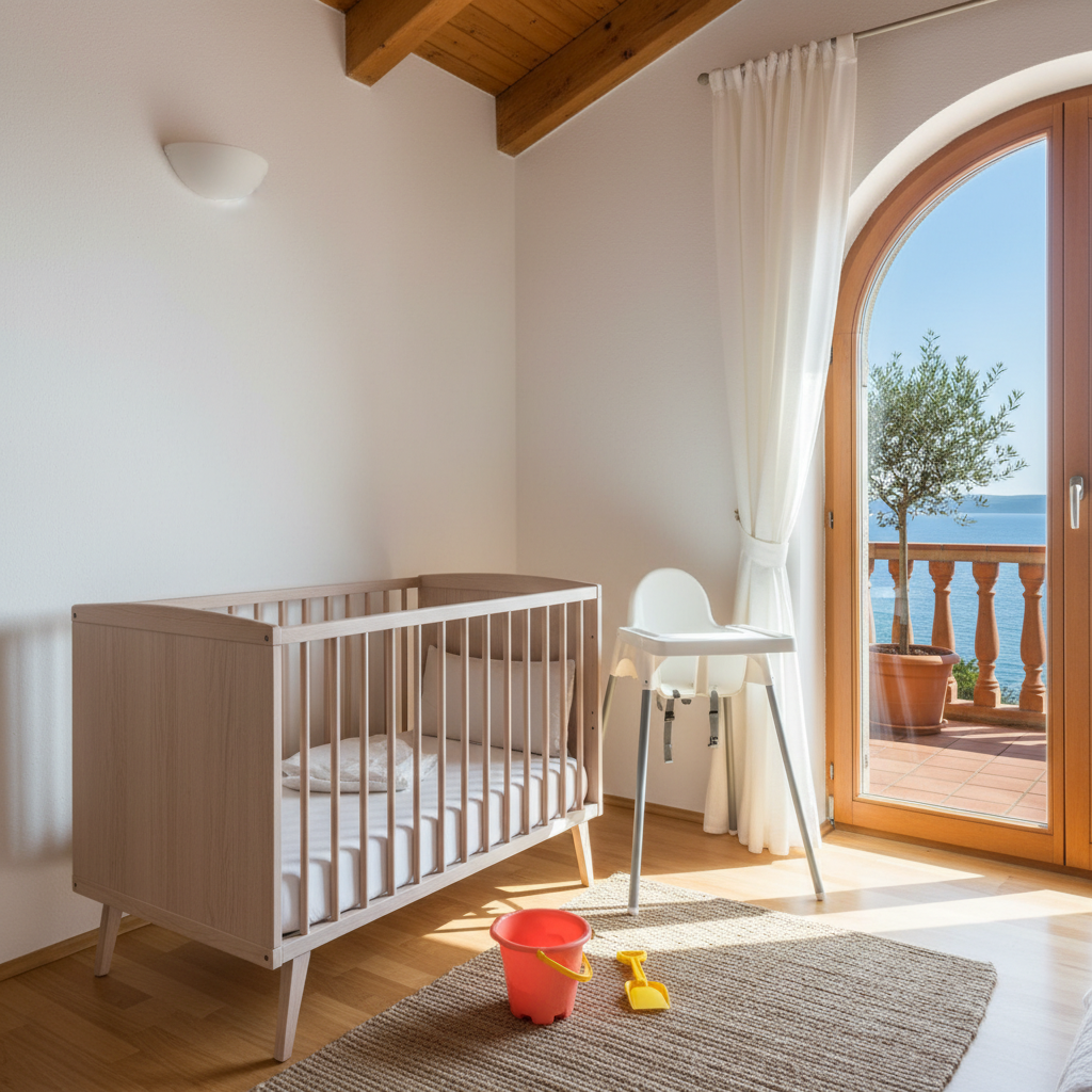 A corner of an apartment set up for a family: a baby cot, high chair, and beach toys as an example of added value instead of a discount.